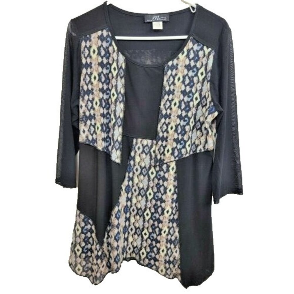 Midnight Velvet Womens Wearable Art Tunic Top Large Patchwork 3/4  Sleeve Uneven